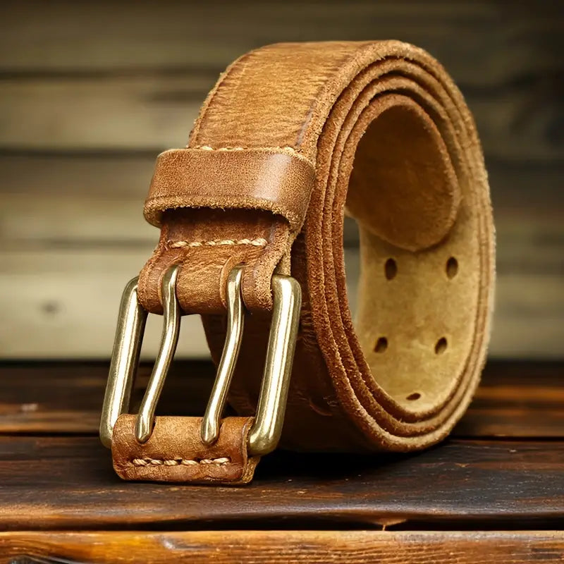 Retro double-needle buckle belt made of genuine leather