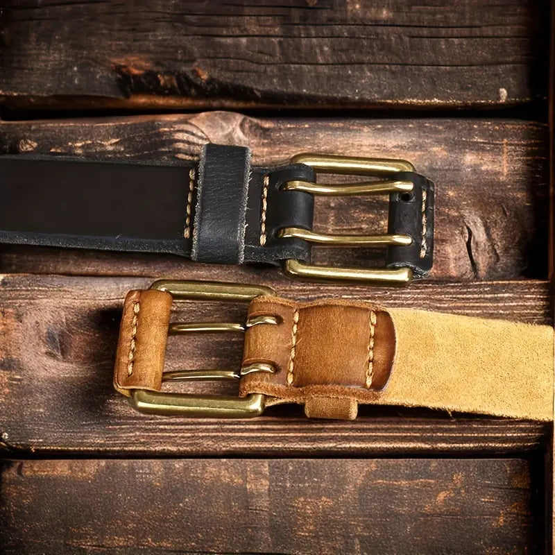 Retro double-needle buckle belt made of genuine leather