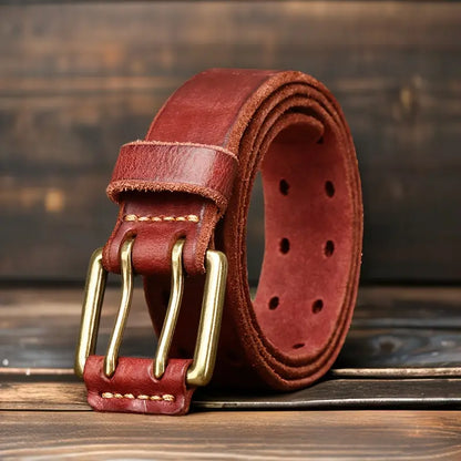 Retro double-needle buckle belt made of genuine leather