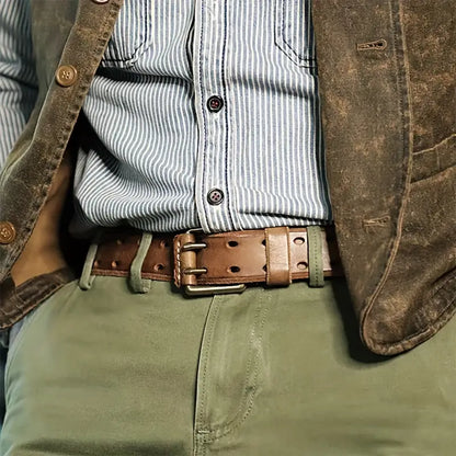 Retro double-needle buckle belt made of genuine leather