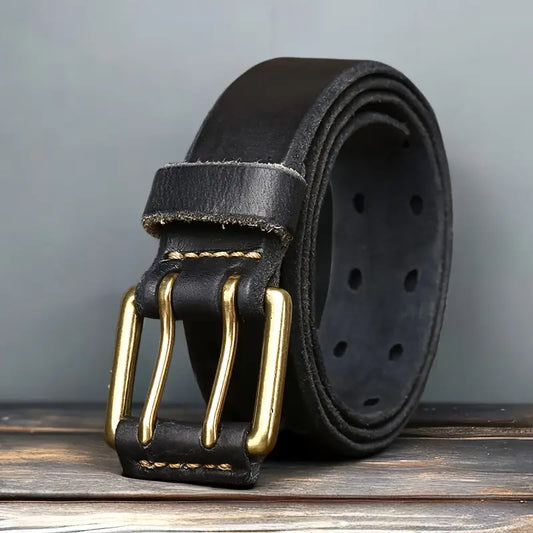 Retro double-needle buckle belt made of genuine leather