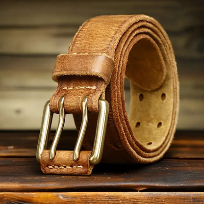 Retro double-needle buckle belt made of genuine leather