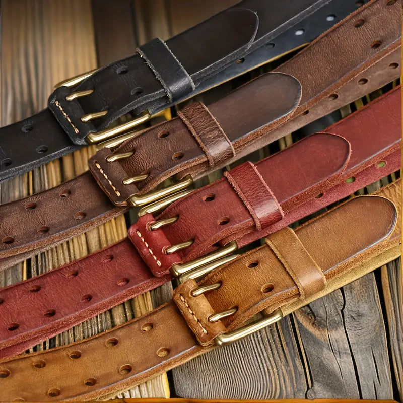 Retro double-needle buckle belt made of genuine leather