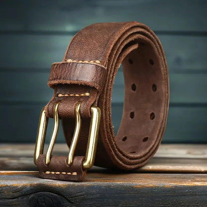 Retro double-needle buckle belt made of genuine leather